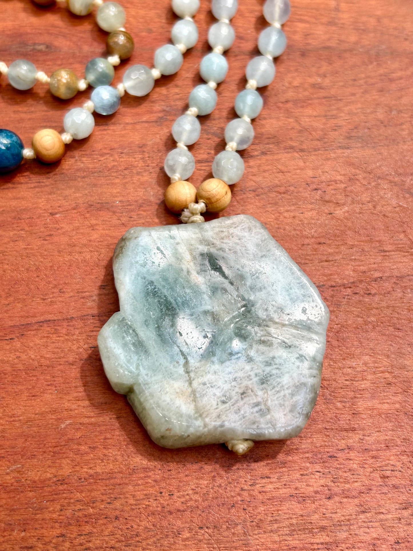 Aquamarine, Apatite & Cedar Wood Hand Knotted Mala Beads Necklace