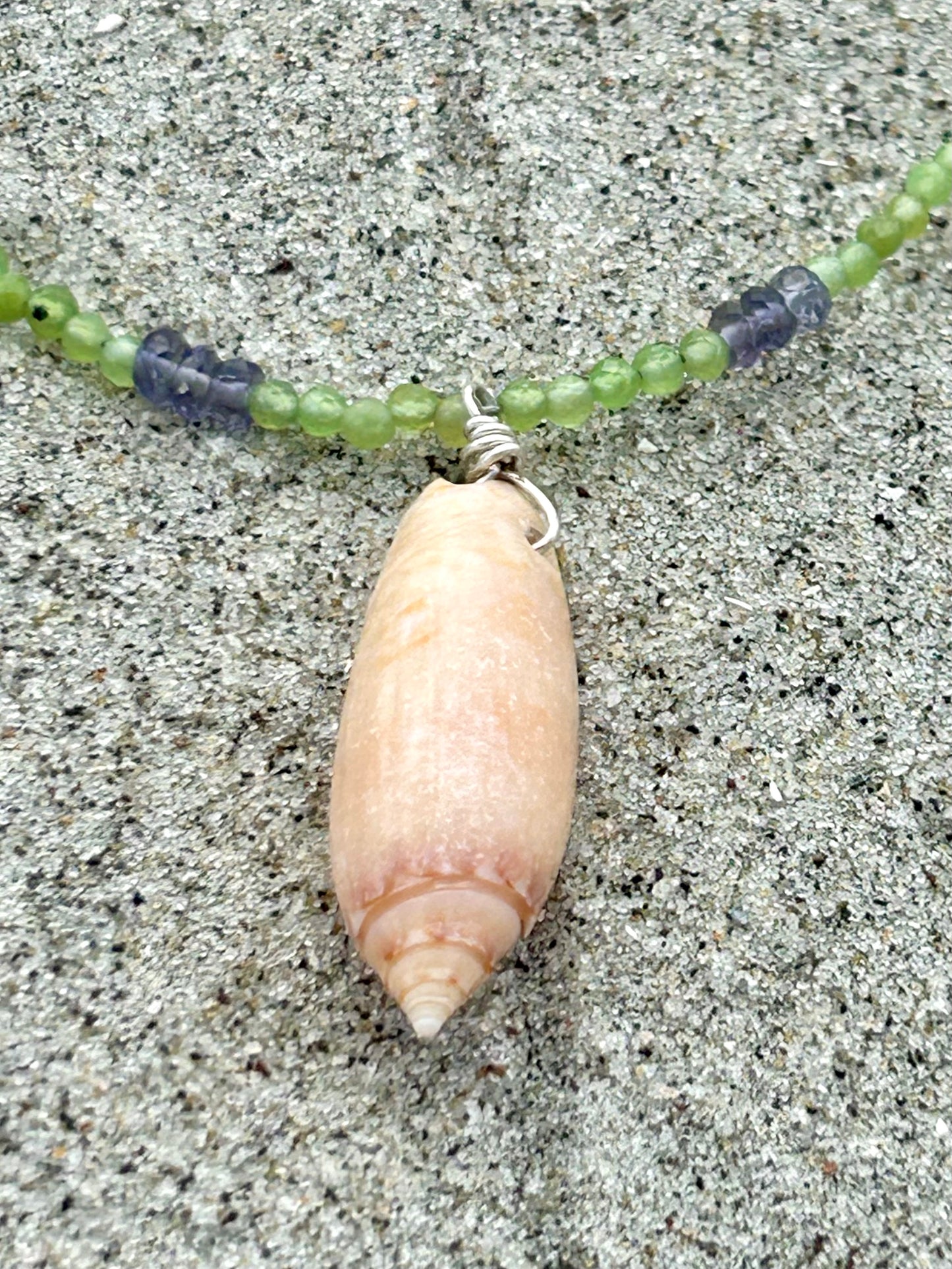Olive Shell, Nephrite Jade & Iolite Gemstone Beaded Necklace Sterling Silver