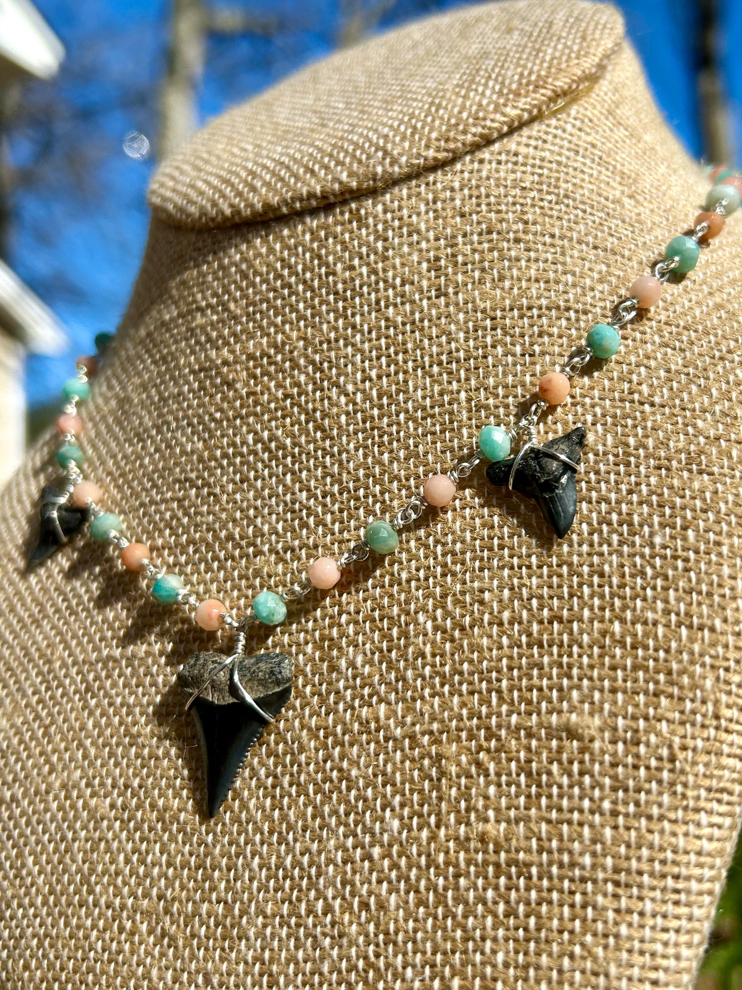 Triple Shark Tooth Fossils with Russian Amazonite & Red Aventurine Gemstone Sterling Silver Chain Link Wire Wrapped Necklace