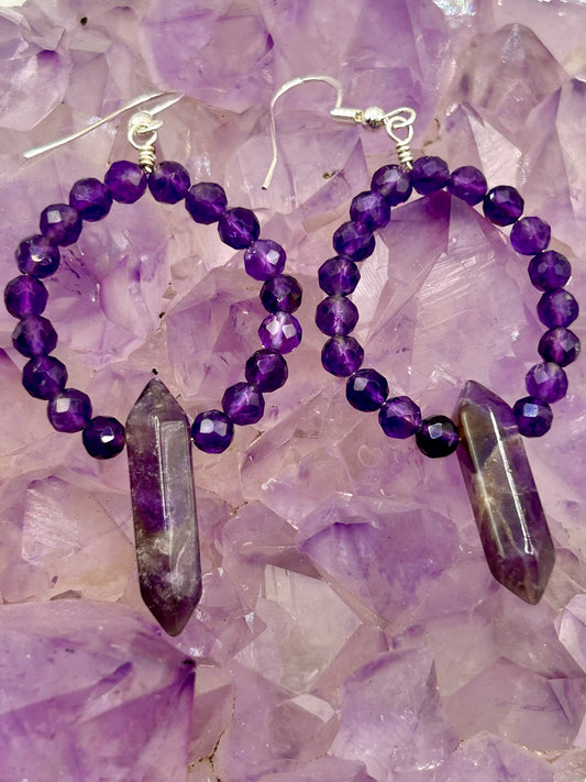 Amethyst Gemstone Sterling Silver Dangly Hoop Earrings