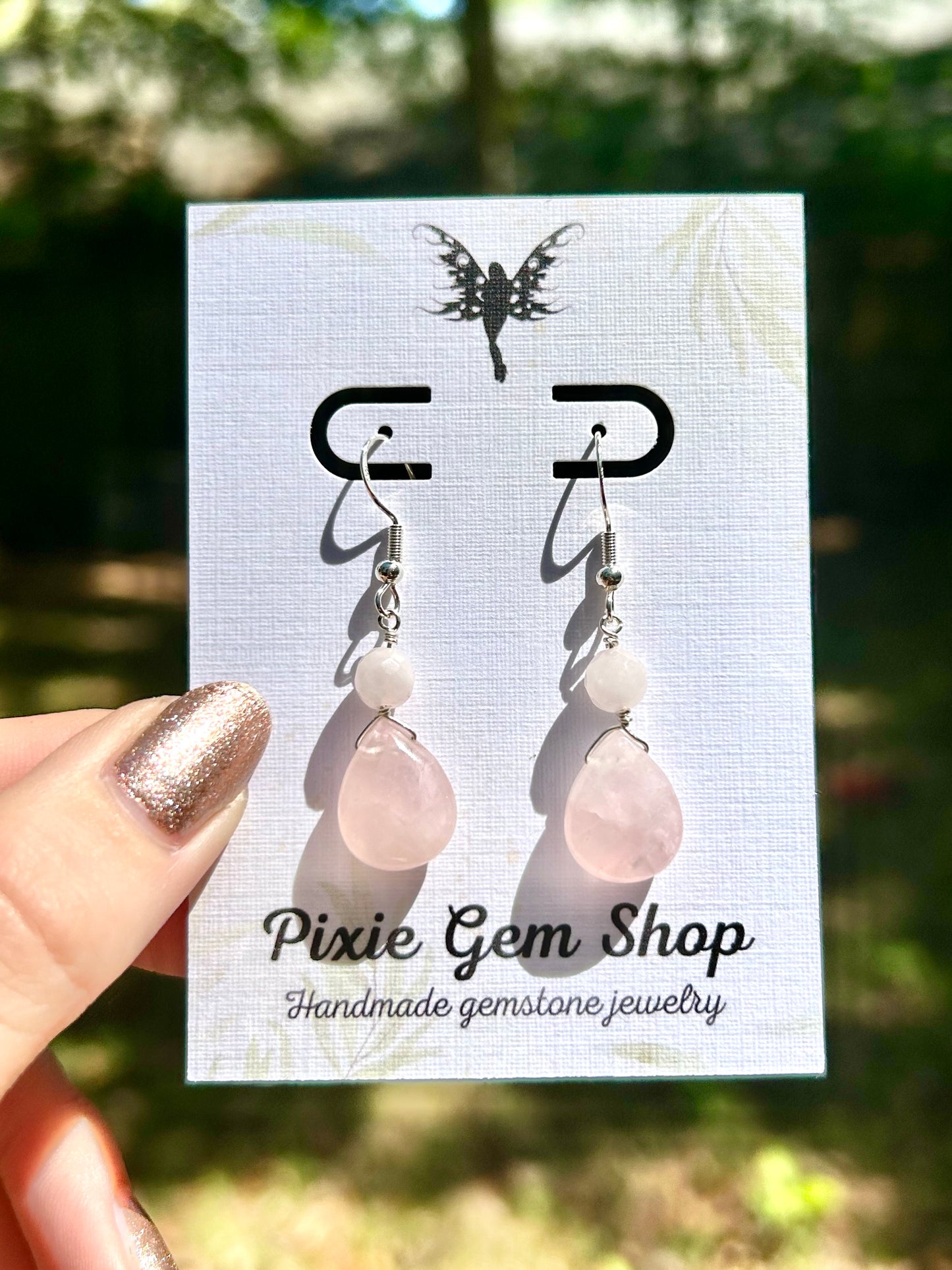 Rose Quartz Teardrop Gemstone Sterling Silver Dangly Earrings