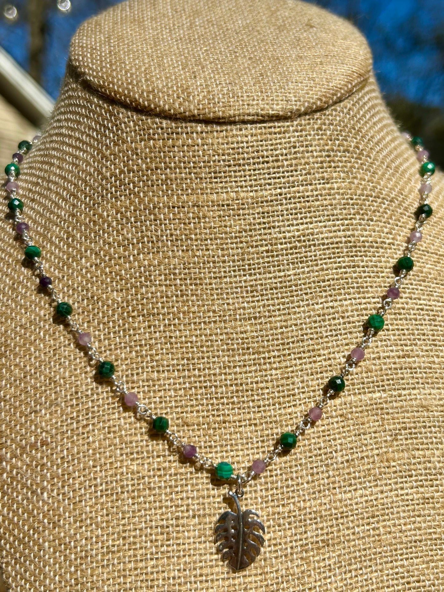 Monstera Leaf with Malachite & Lepidolite Gemstone Sterling Silver Chain Link Wire Wrapped Necklace