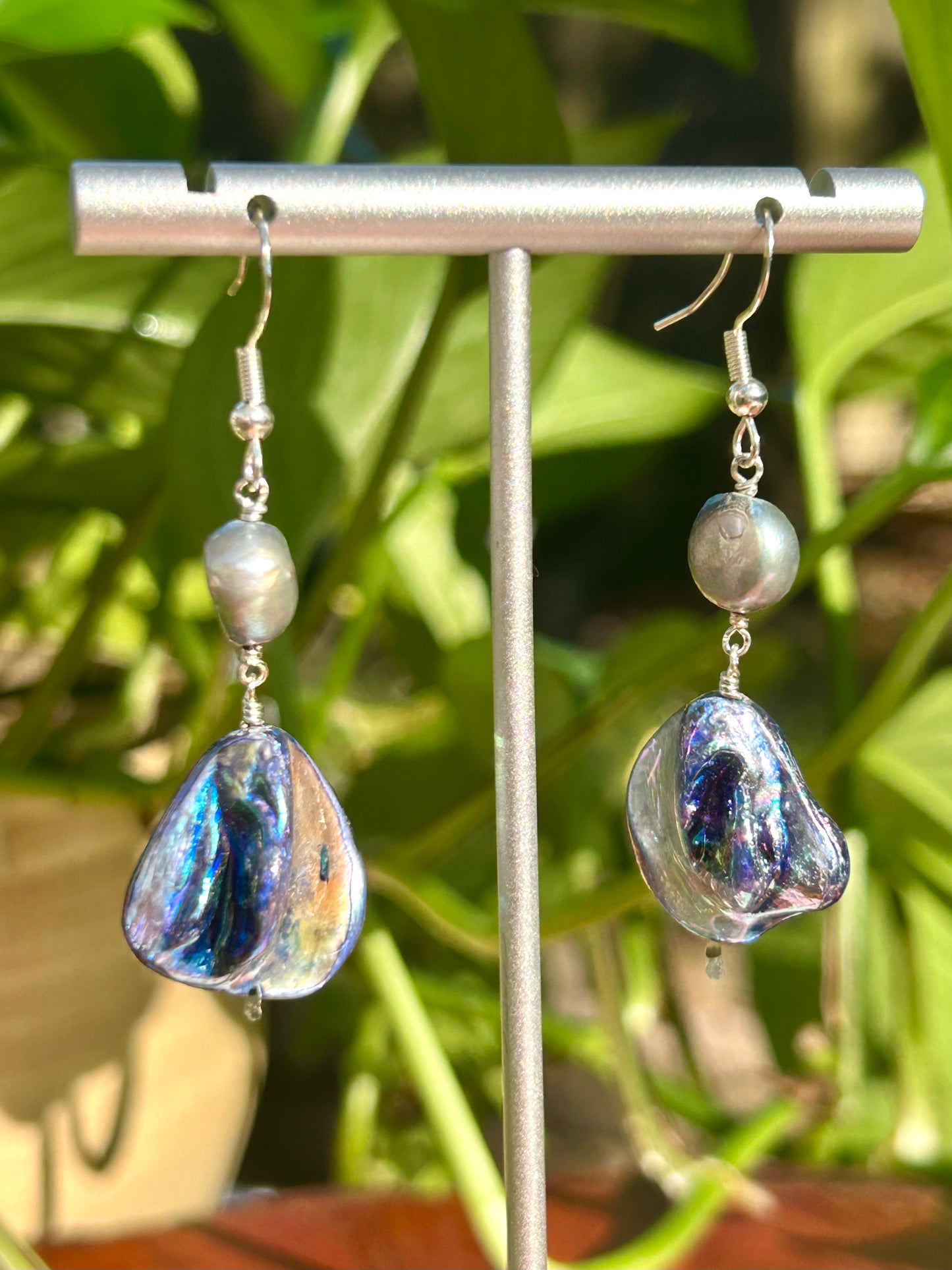 Iridescent Purple Coated Pearls & Green Pearls Sterling Silver Dangly Earrings