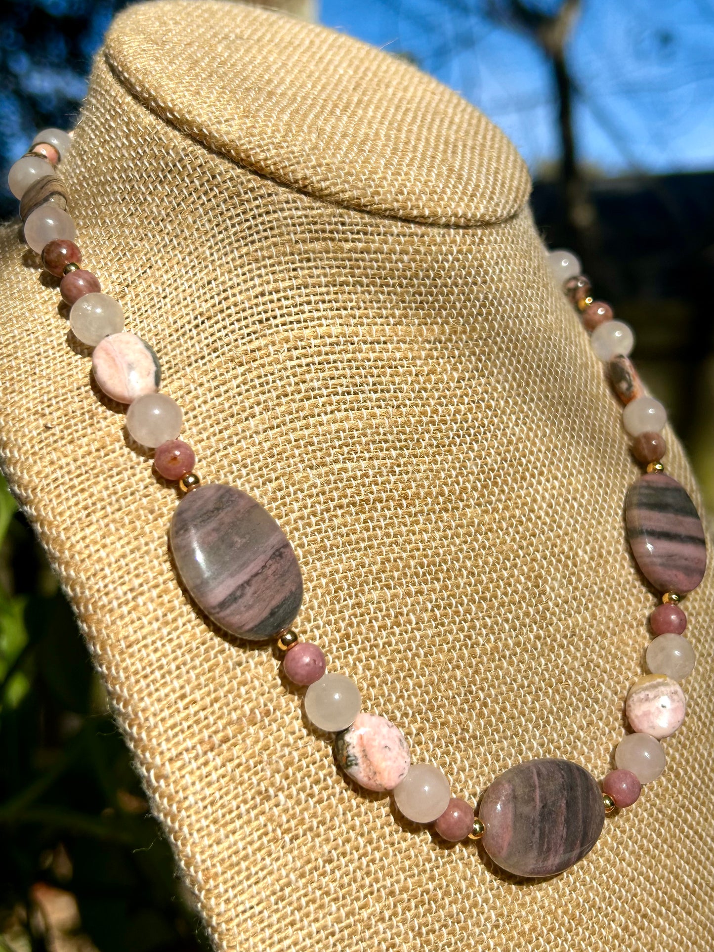 Pink Zebra Jasper, Rose Quartz, Pink Opal & Rhodonite with Gold Accents Beaded Necklace