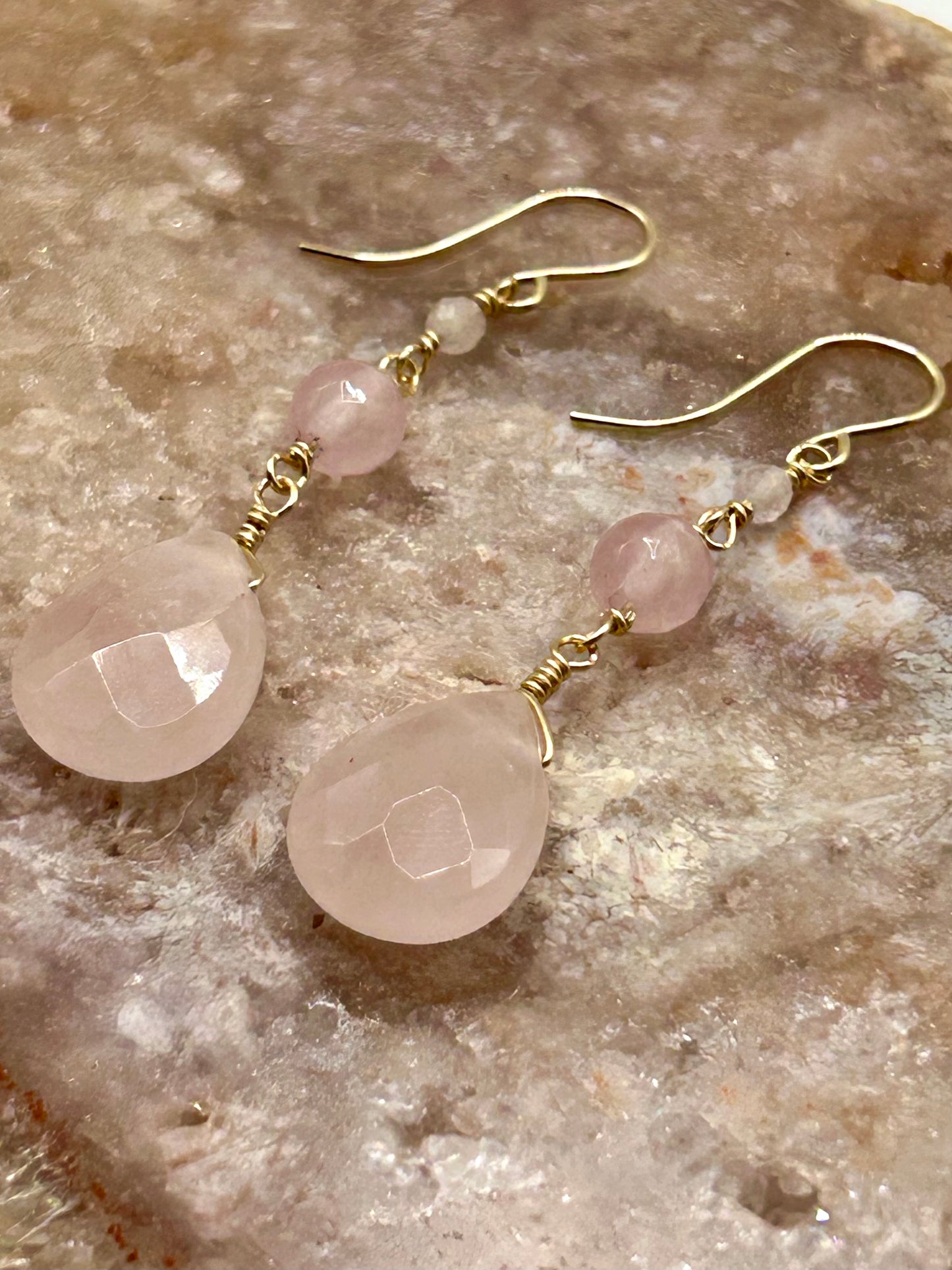 Rose Quartz & Morganite Gemstone 14k Gold Filled Dangly Earrings