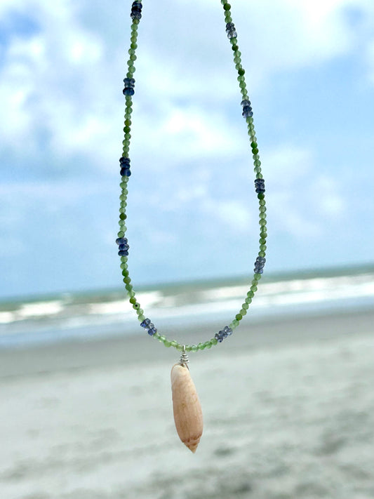 Olive Shell, Nephrite Jade & Iolite Gemstone Beaded Necklace Sterling Silver
