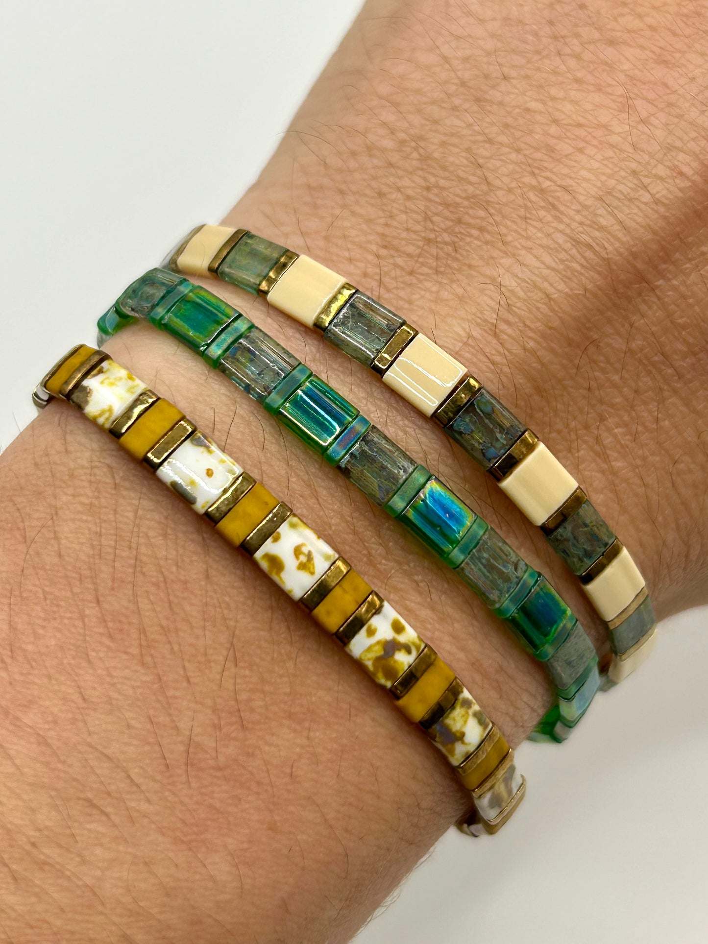 Earthy Neutrals Tila Glass Bead Elastic Bracelet Collection