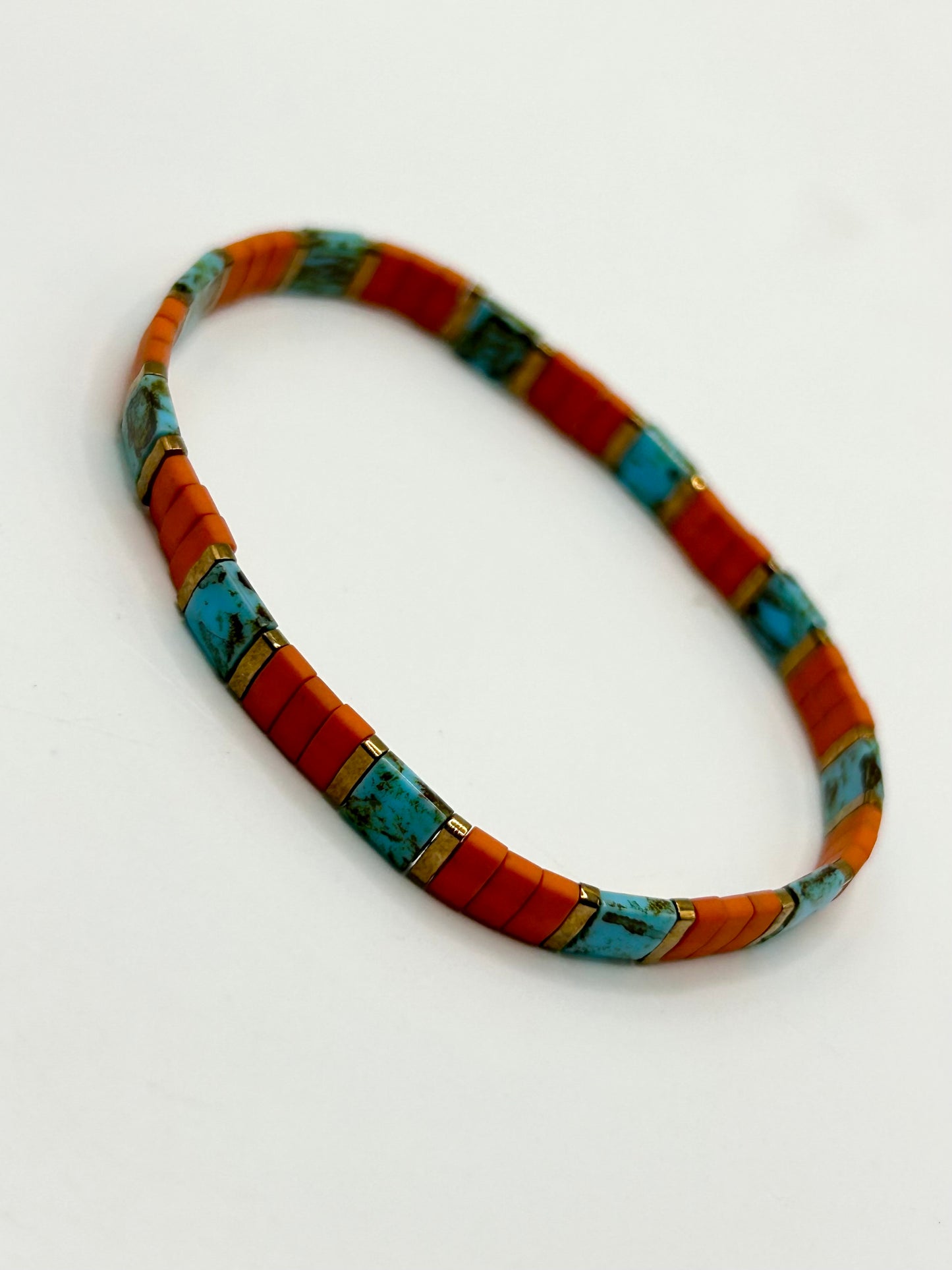 Sunset Turquoise Tila Glass Bead Elastic Bracelet Collection