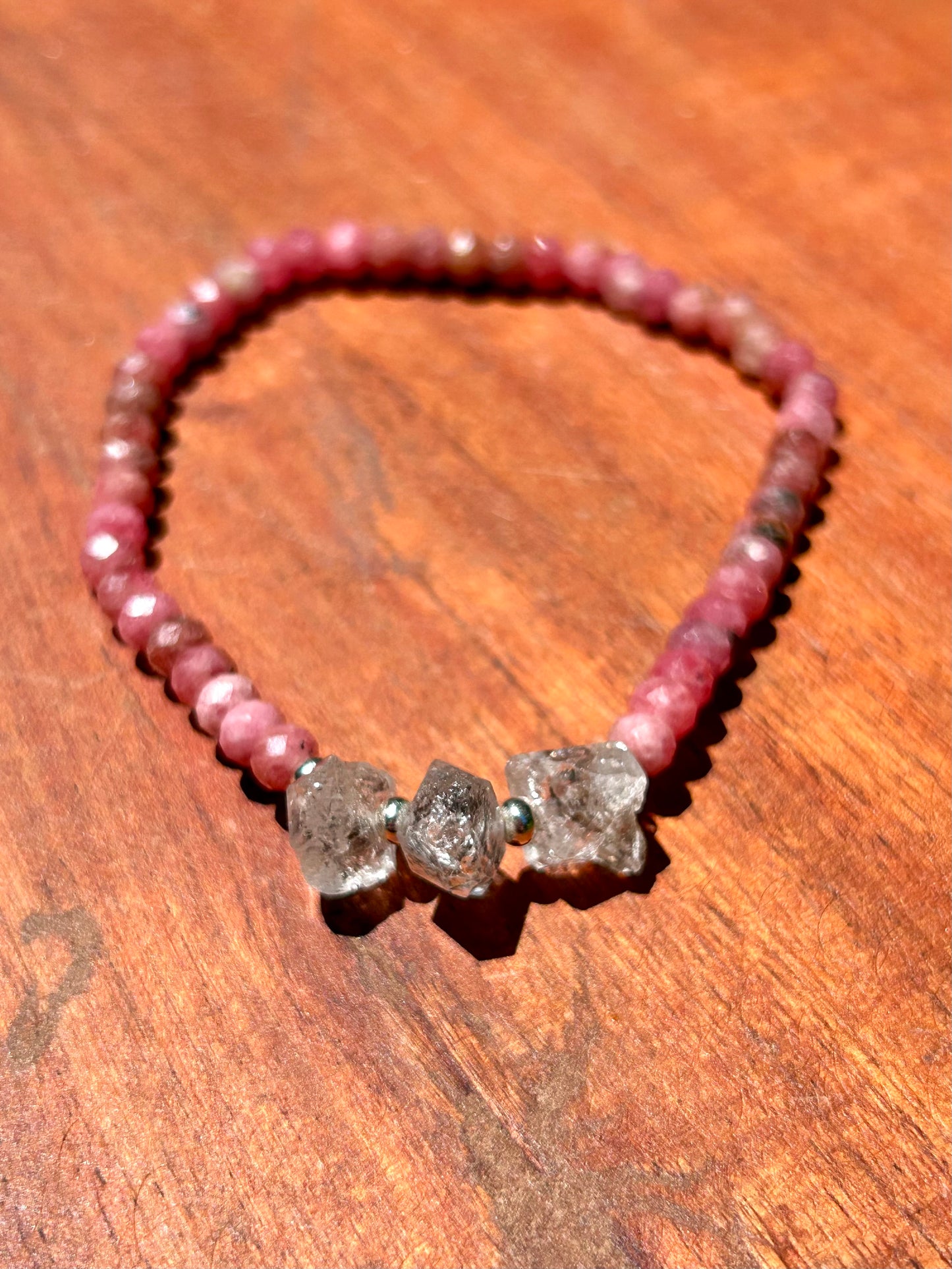 Genuine Herkimer Diamond Gemstone Beaded Bracelet with 925 Sterling Silver Spacer Beads (Iolite/Pietersite/Alalite/Topaz/Rhodonite)