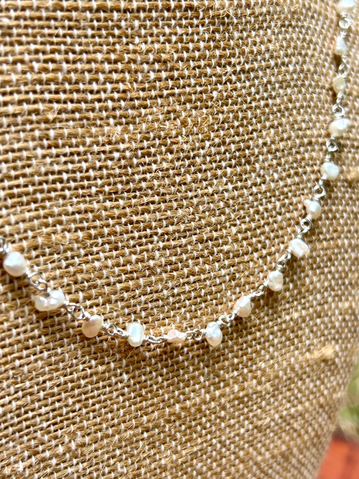 White Freshwater Pearl Sterling Silver Chain Link Wire Wrapped Necklace