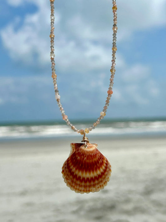 Scallop Shell, Moonstone & Botswana Agate Gemstone Beaded Necklace
