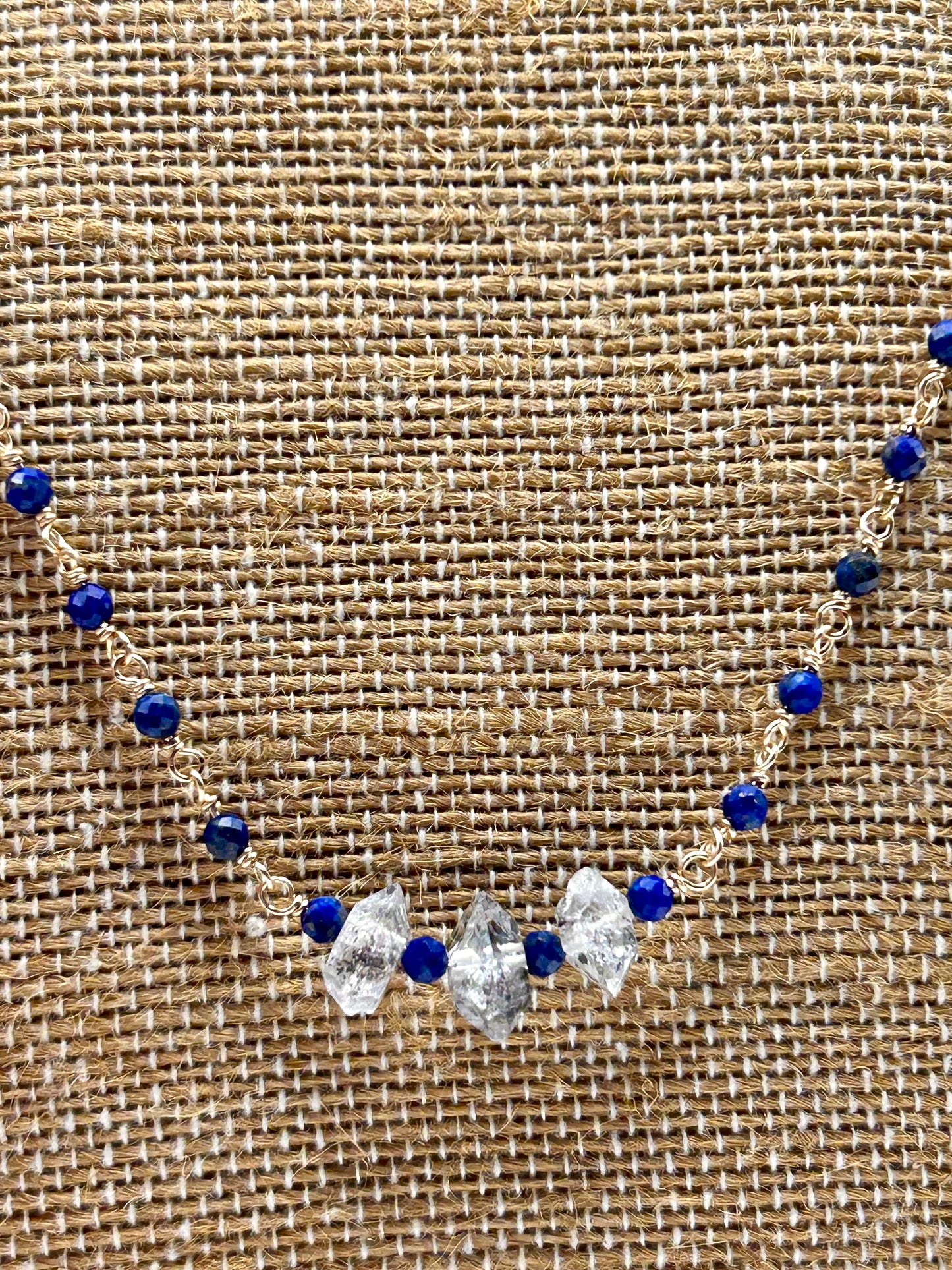 Lapiz Lazuli & Herkimer Diamond 14k Gold Fill Chain Link Gemstone Wire Wrapped Necklace