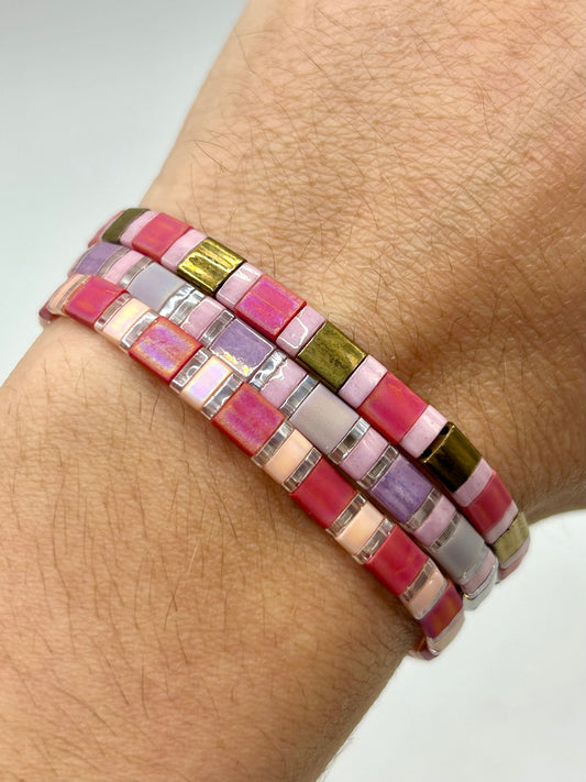 Raspberry Bloom Tila Glass Bead Elastic Bracelet Collection