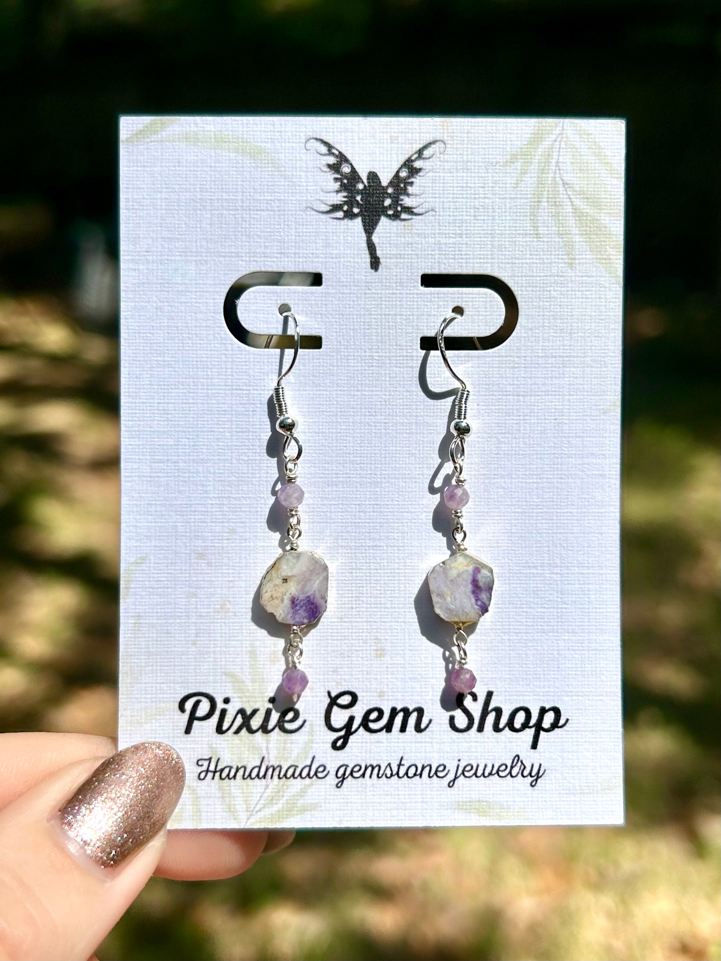 Purple Opal & Lepidolite Gemstone Sterling Silver Dangly Earrings