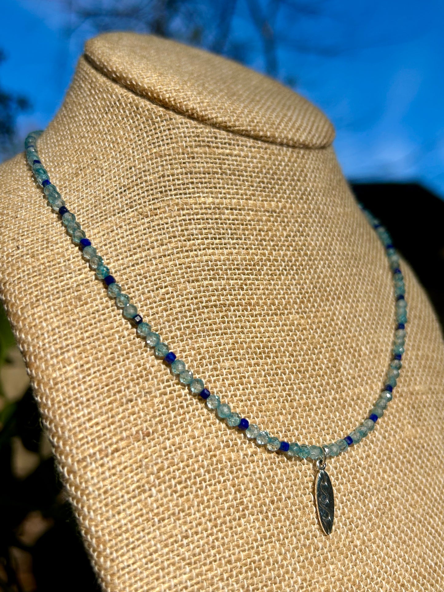 Blue Topaz & Lapis Lazuli with Surfboard Charm Sterling Silver Beaded Choker Necklace