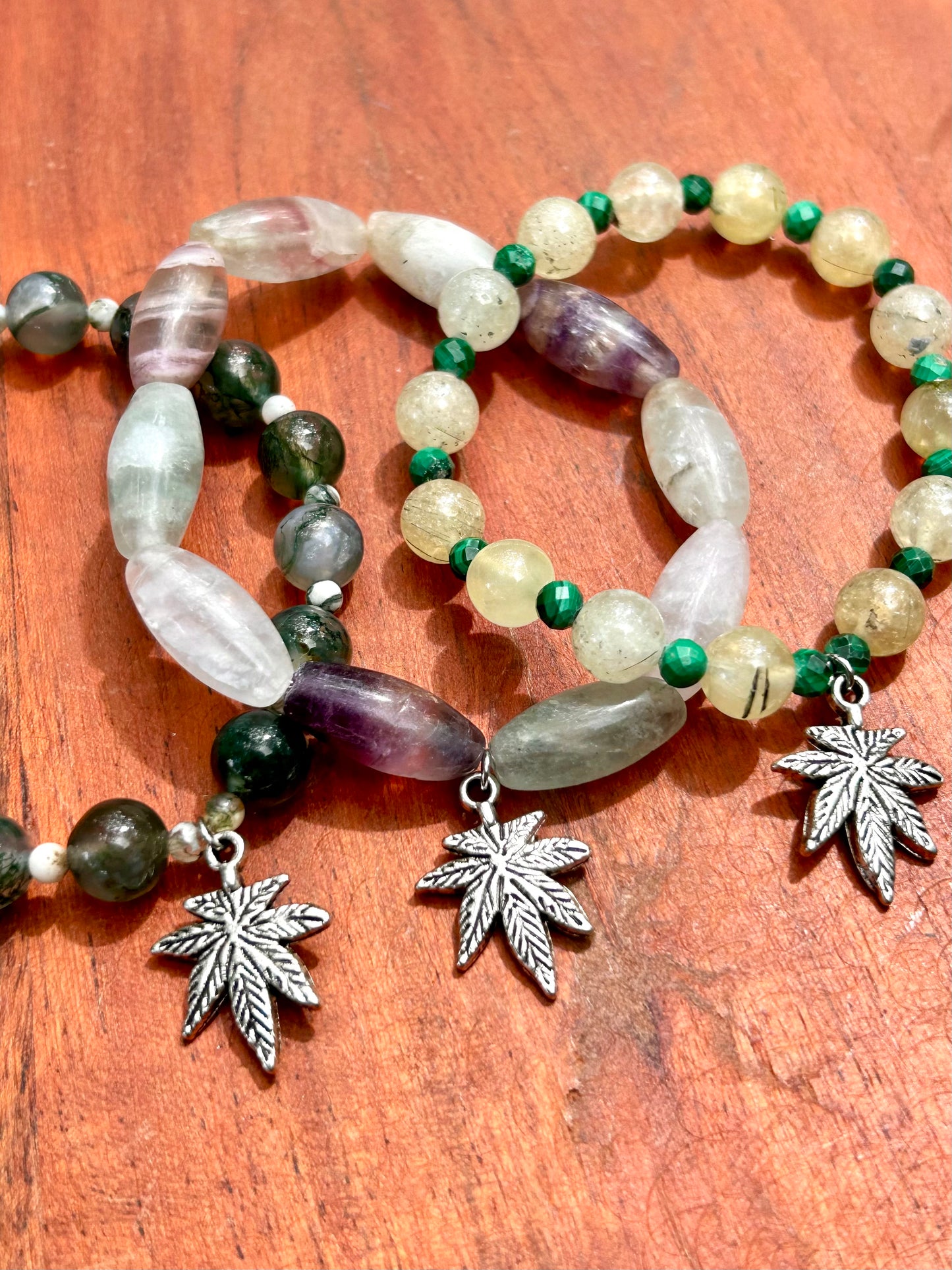 420 Gemstone Bracelet Collection (Moss Agate, Prehnite & Malachite, Fluorite)