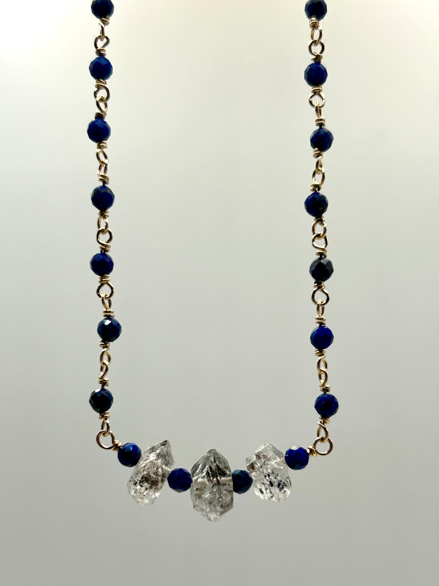 Lapiz Lazuli & Herkimer Diamond 14k Gold Fill Chain Link Gemstone Wire Wrapped Necklace