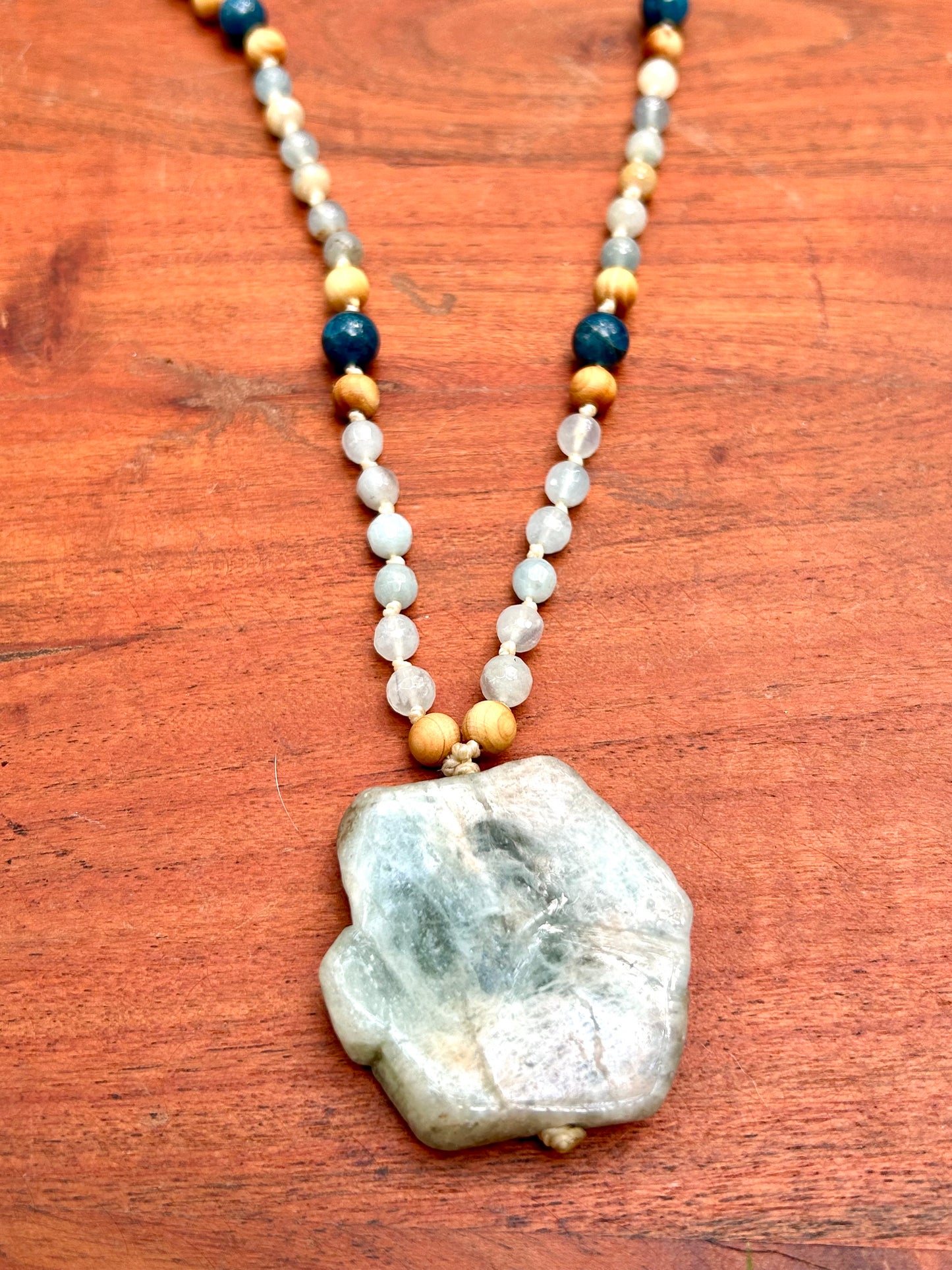 Aquamarine, Apatite & Cedar Wood Hand Knotted Mala Beads Necklace