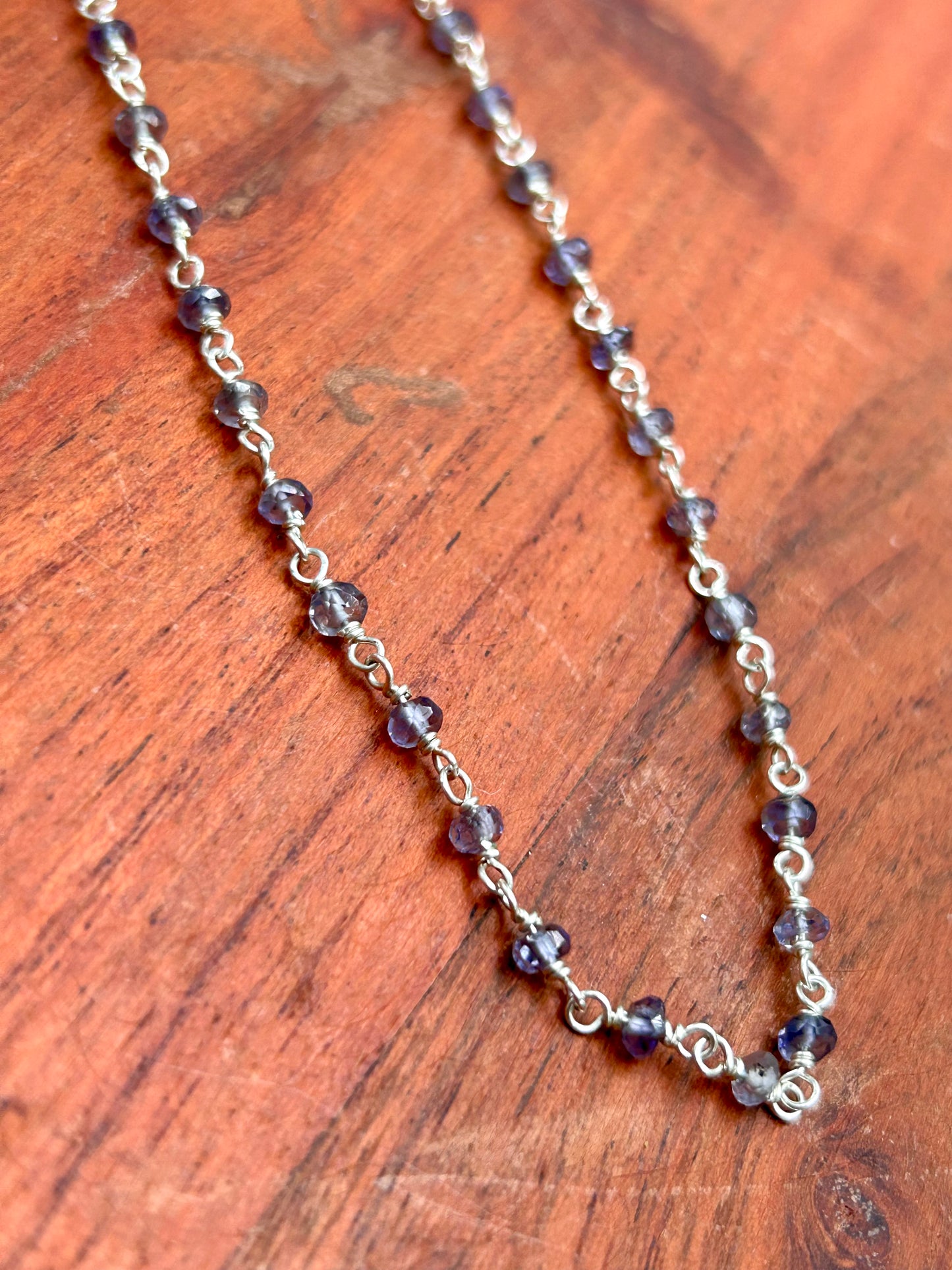 Iolite Gemstone Sterling Silver Chain Link Wire Wrapped Necklace