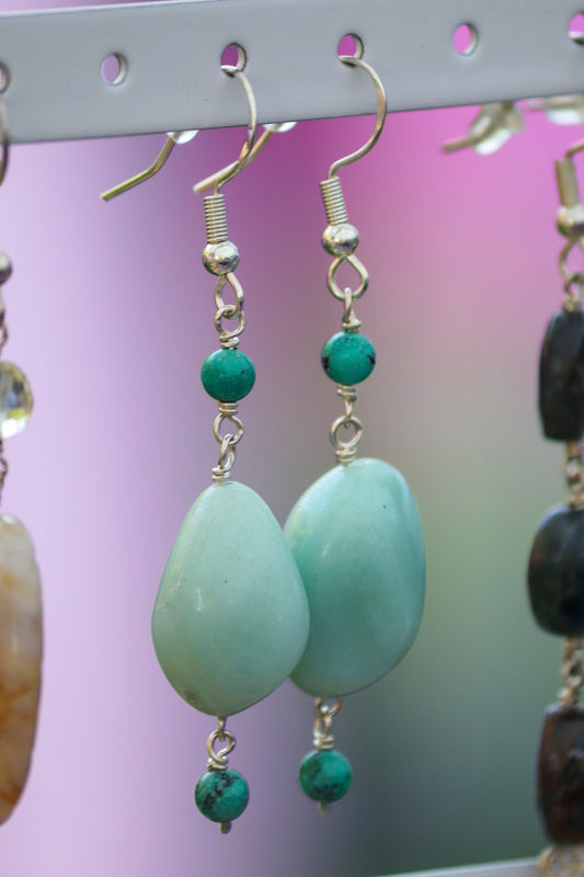 Amazonite & Turquoise Gemstone Sterling Silver Dangly Earrings