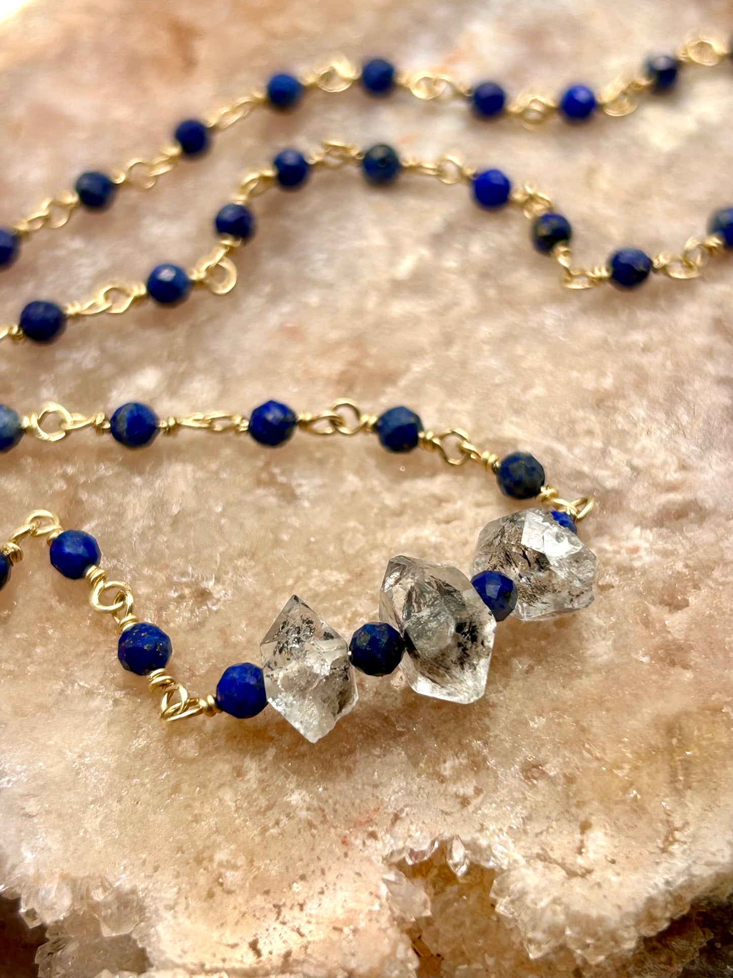 Lapiz Lazuli & Herkimer Diamond 14k Gold Fill Chain Link Gemstone Wire Wrapped Necklace