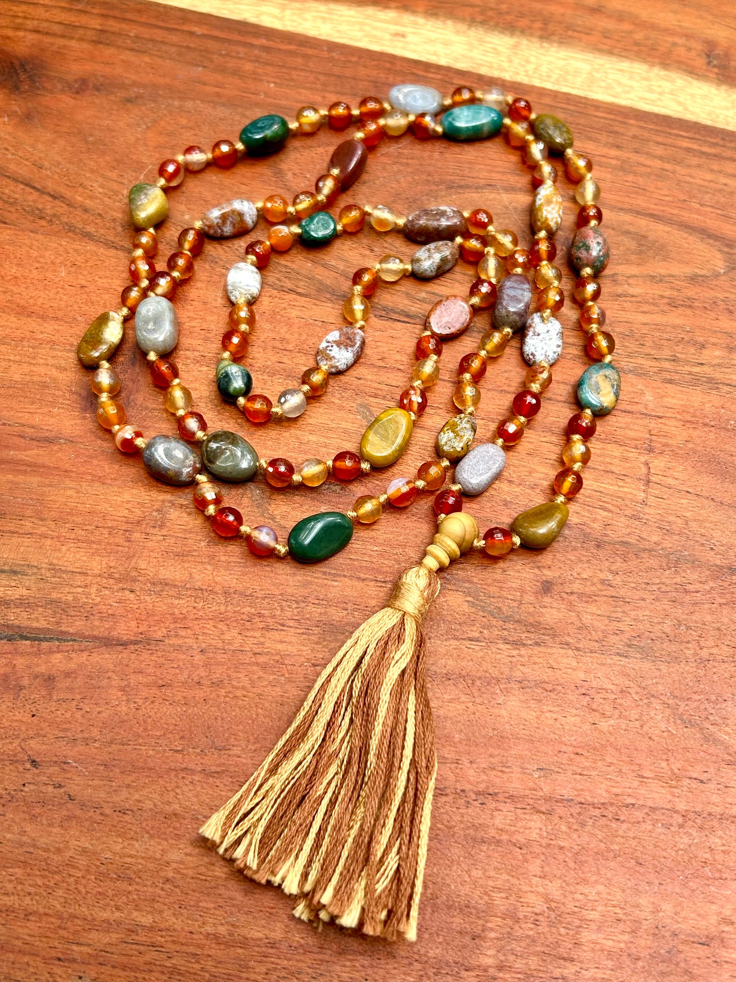 Ocean Jasper & Carnelian Hand Knotted Mala Beads Necklace