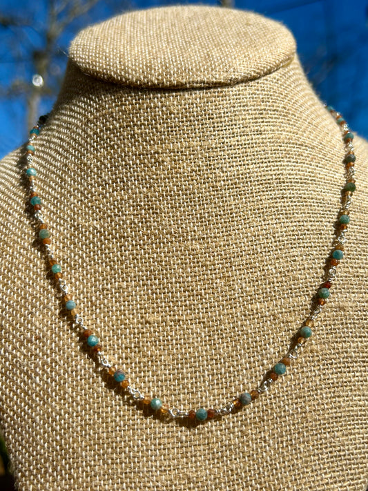 Orange Garnet & Blue Apatite Gemstone Sterling Silver Chain Link Necklace