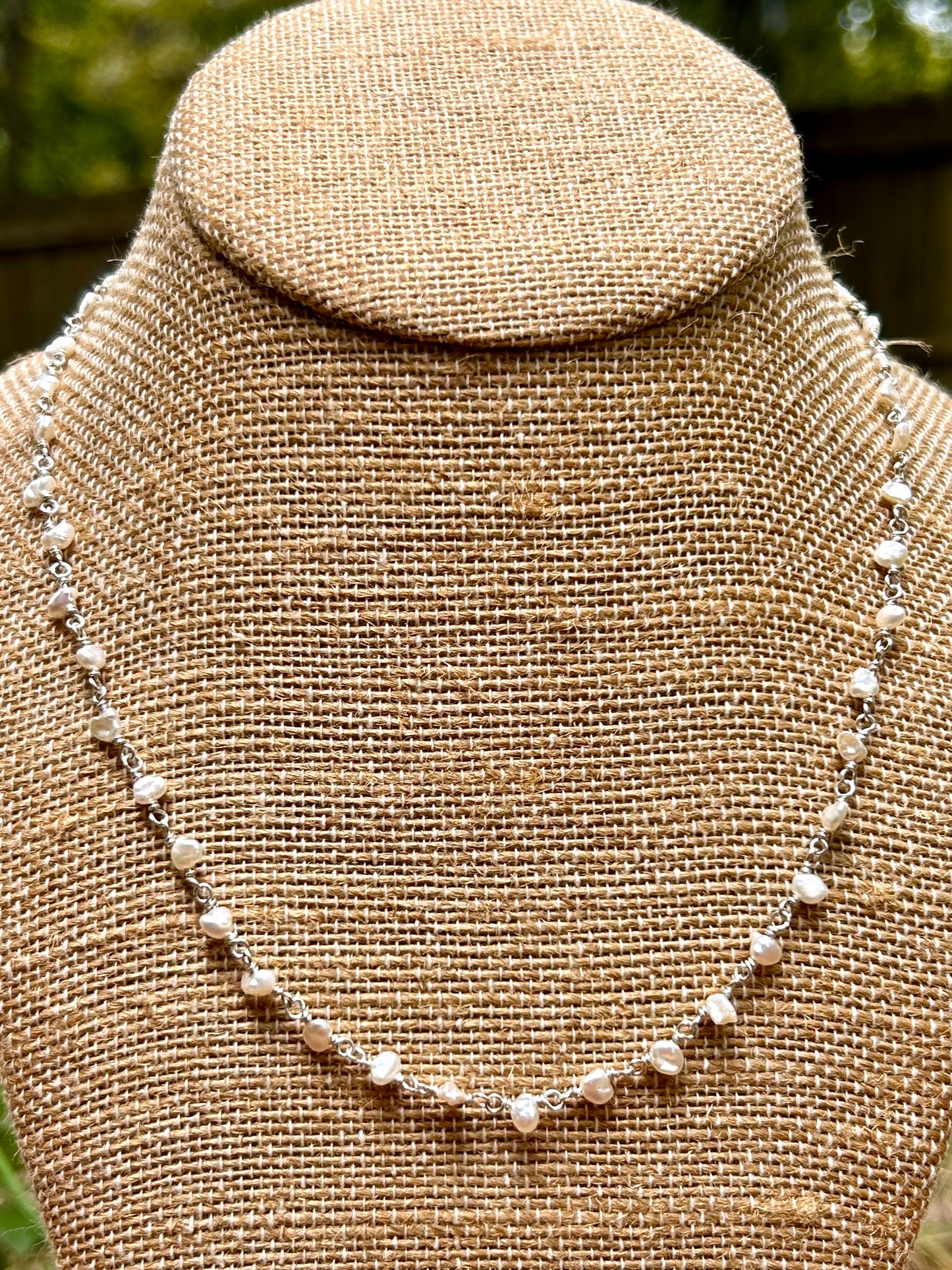 White Freshwater Pearl Sterling Silver Chain Link Wire Wrapped Necklace