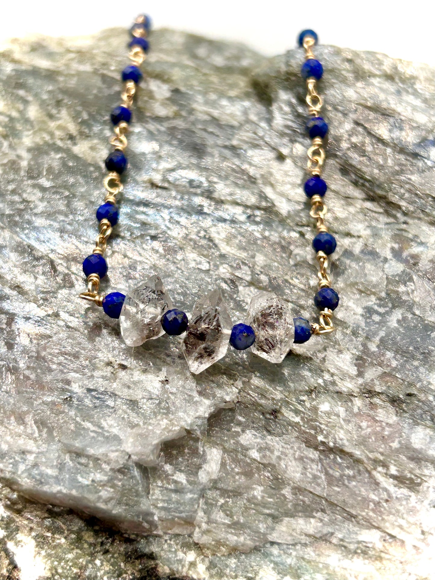 Lapiz Lazuli & Herkimer Diamond 14k Gold Fill Chain Link Gemstone Wire Wrapped Necklace