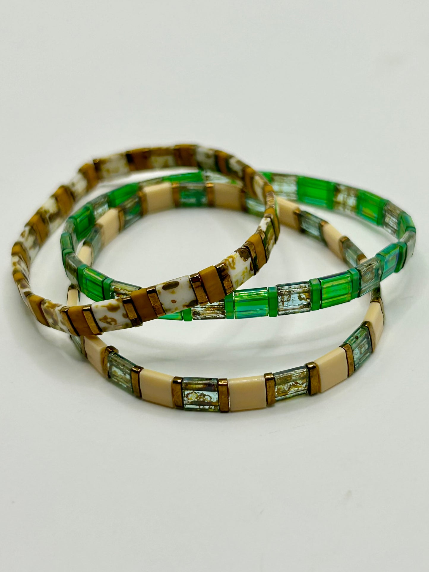 Earthy Neutrals Tila Glass Bead Elastic Bracelet Collection