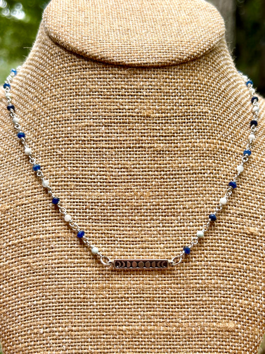 Moon Phases with Kyanite & Larimar Gemstone Sterling Silver Chain Link Wire Wrapped Necklace