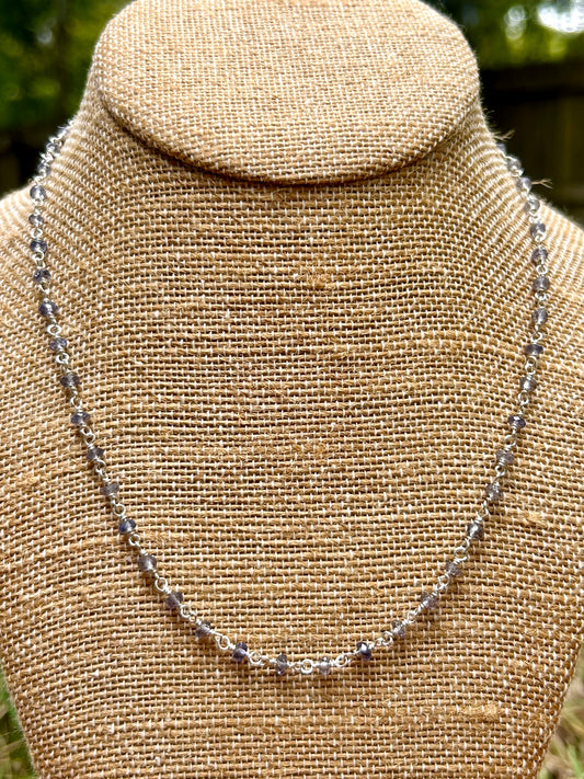 Iolite Gemstone Sterling Silver Chain Link Wire Wrapped Necklace