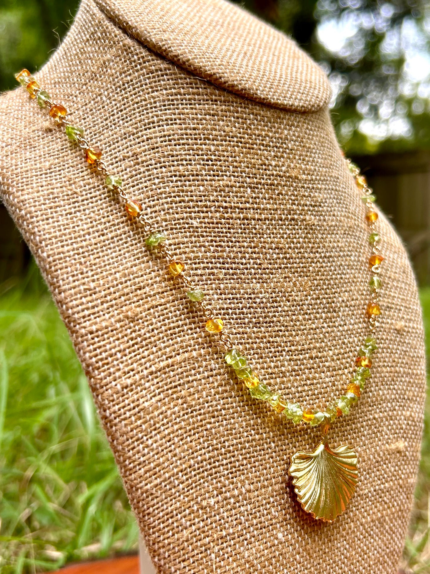 Ginkgo Leaf with Peridot & Amber 14k Gold Fill Chain Link Gemstone Wire Wrapped Necklace