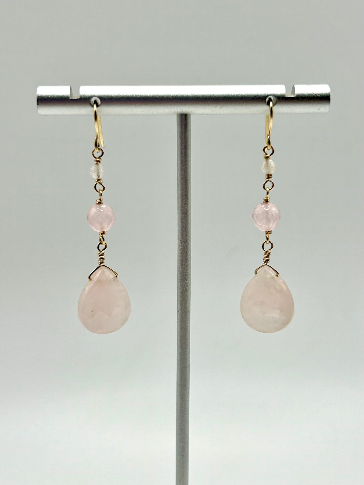 Rose Quartz & Morganite Gemstone 14k Gold Filled Dangly Earrings