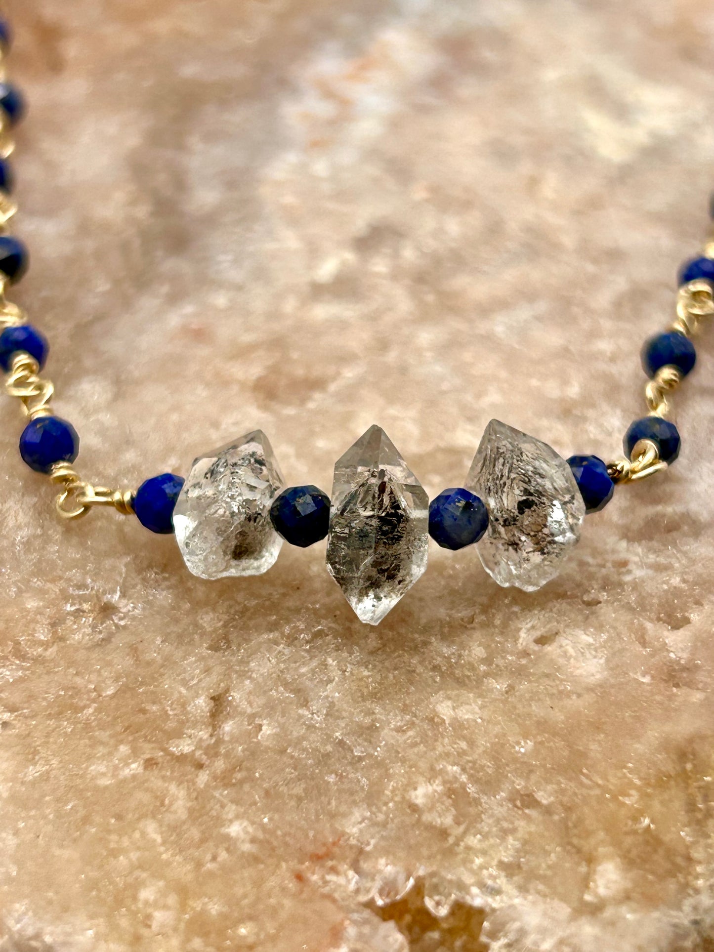 Lapiz Lazuli & Herkimer Diamond 14k Gold Fill Chain Link Gemstone Wire Wrapped Necklace