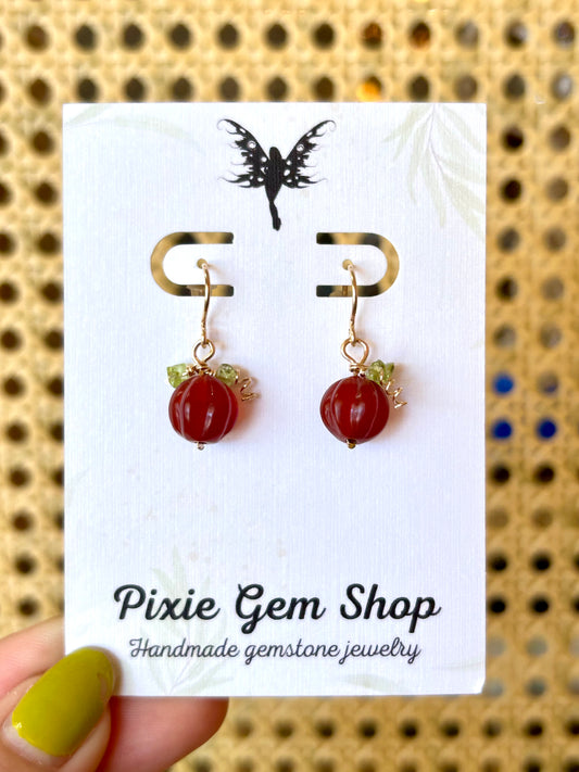 Pumpkin Earrings - Carnelian & Peridot Gemstone Sterling Silver/14k Gold Filled