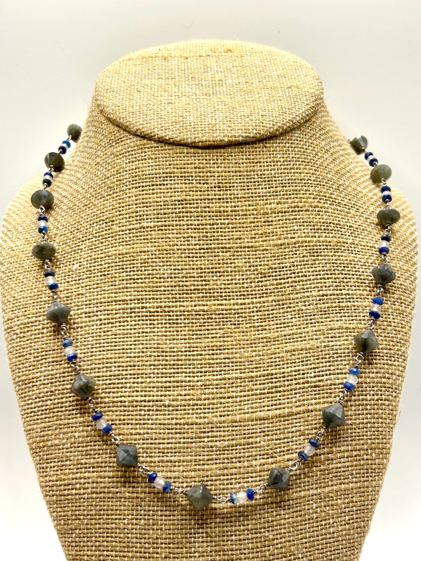 Labradorite, Moonstone & Kyanite Gemstone Sterling Silver Chain Link Wire Wrapped Necklace
