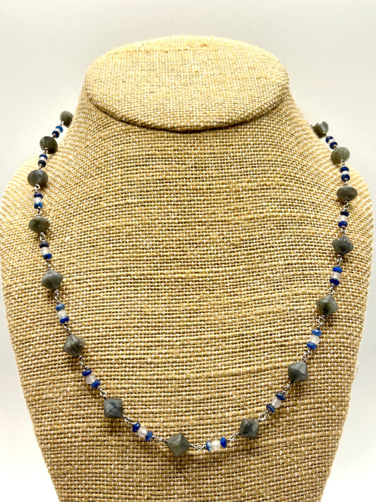 Labradorite, Moonstone & Kyanite Gemstone Sterling Silver Chain Link Wire Wrapped Necklace