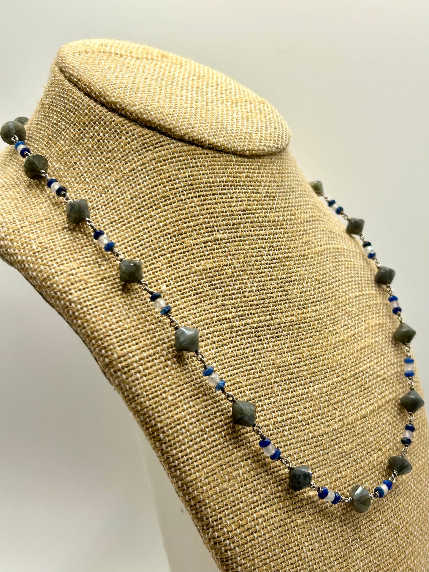 Labradorite, Moonstone & Kyanite Gemstone Sterling Silver Chain Link Wire Wrapped Necklace
