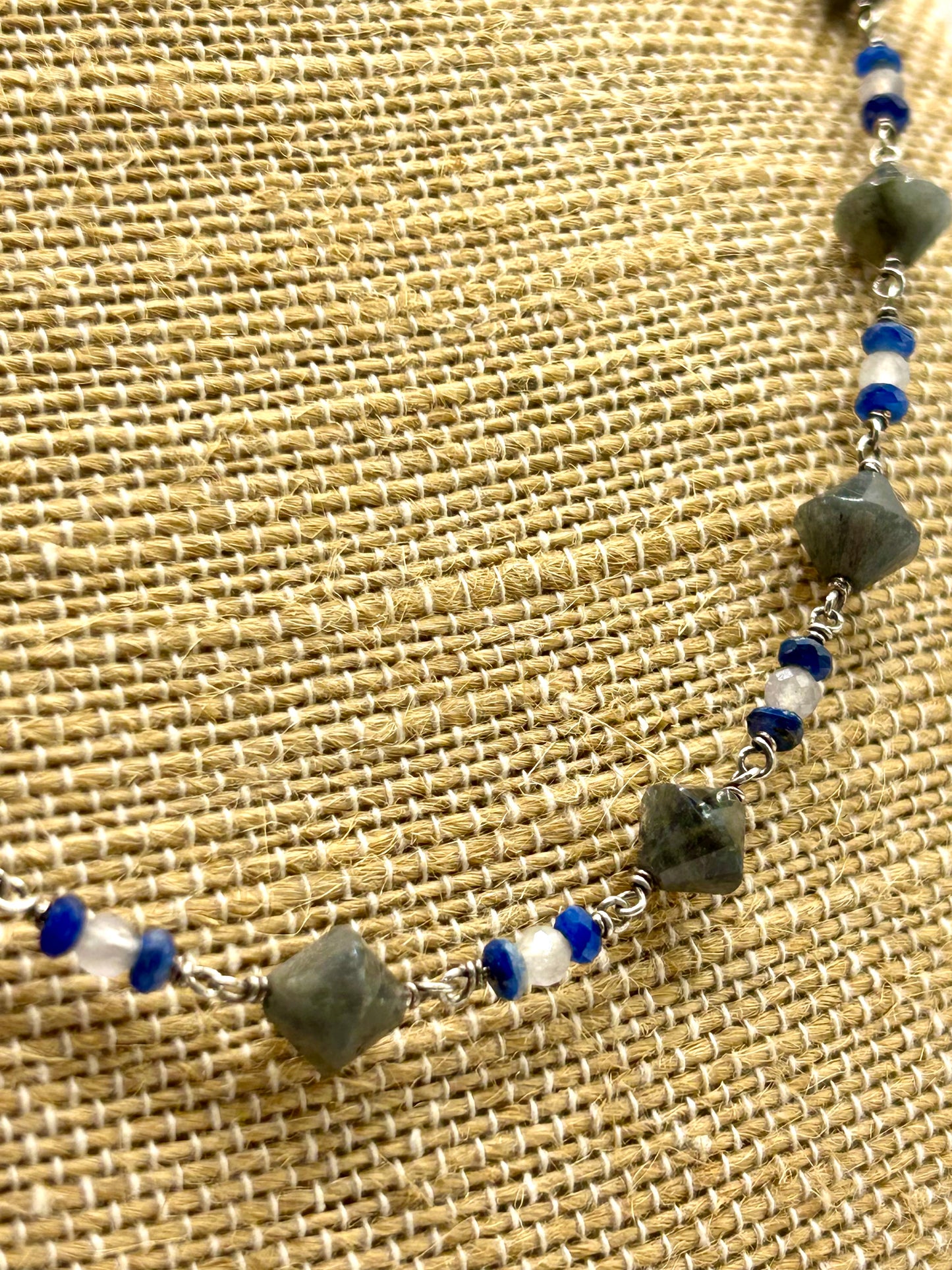 Labradorite, Moonstone & Kyanite Gemstone Sterling Silver Chain Link Wire Wrapped Necklace