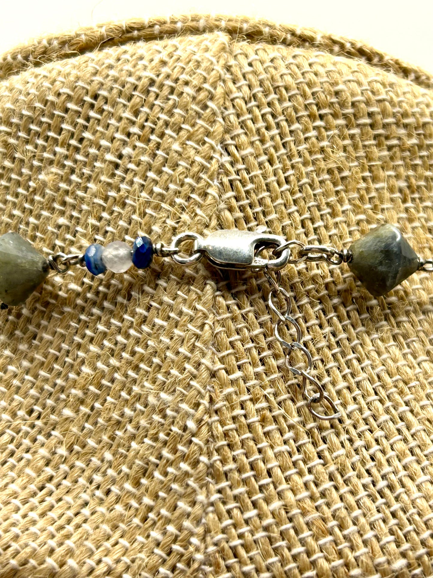 Labradorite, Moonstone & Kyanite Gemstone Sterling Silver Chain Link Wire Wrapped Necklace