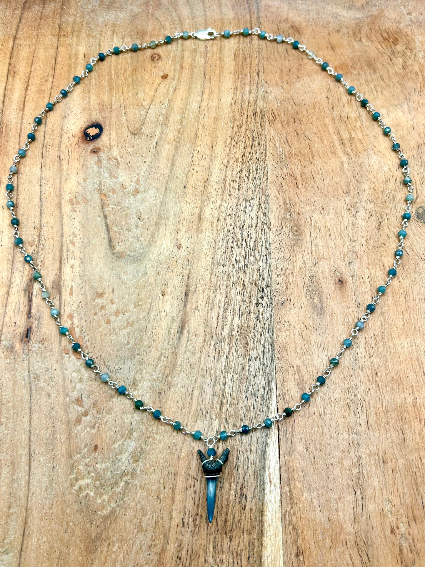 Shark Tooth Fossil with Blue Tourmaline Gemstone Sterling Silver Chain Link Wire Wrapped Necklace