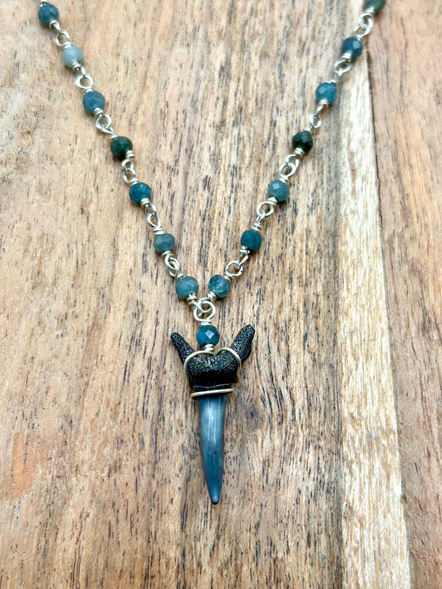 Shark Tooth Fossil with Blue Tourmaline Gemstone Sterling Silver Chain Link Wire Wrapped Necklace