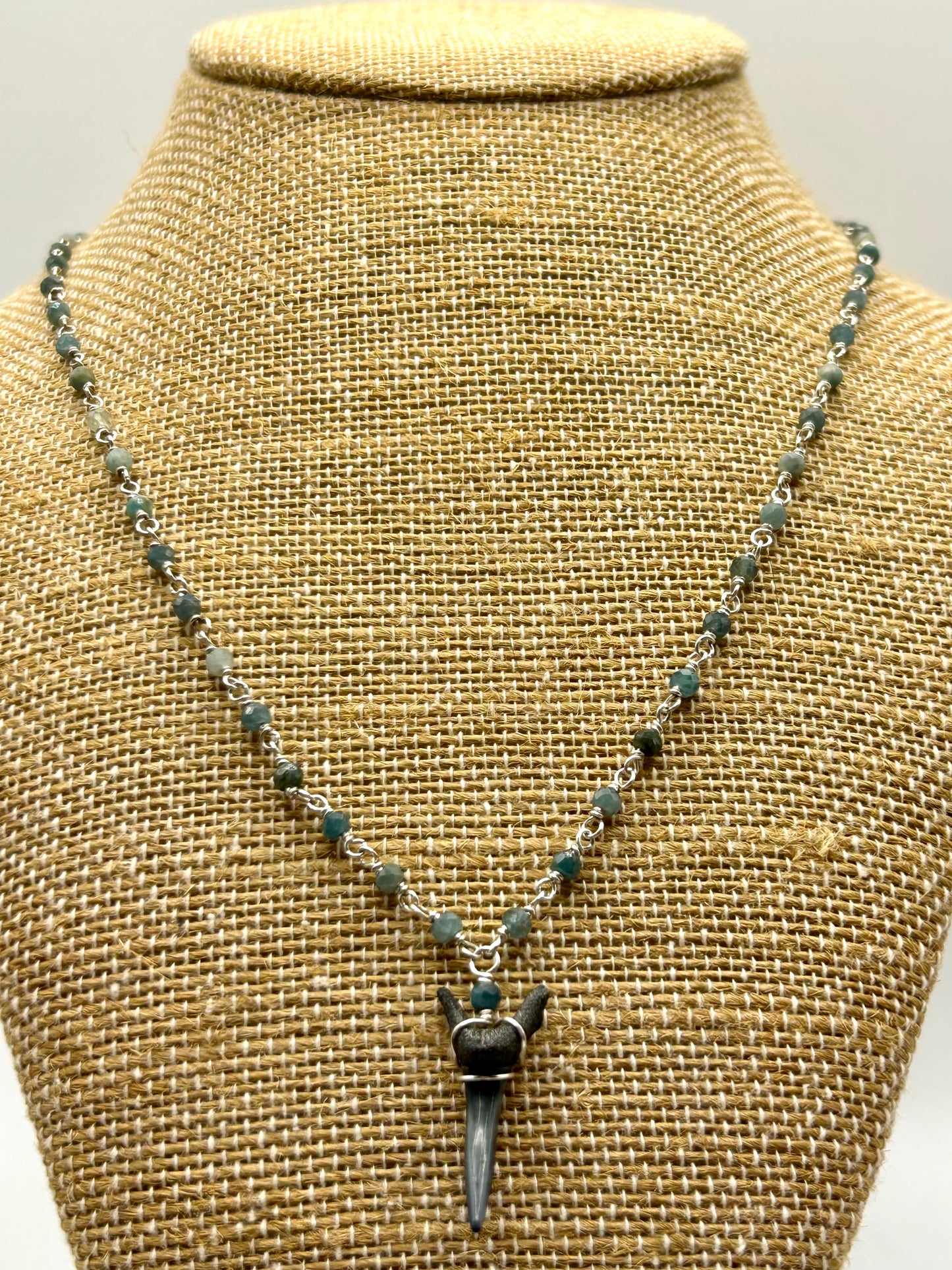 Shark Tooth Fossil with Blue Tourmaline Gemstone Sterling Silver Chain Link Wire Wrapped Necklace