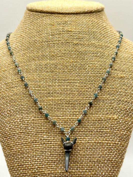 Shark Tooth Fossil with Blue Tourmaline Gemstone Sterling Silver Chain Link Wire Wrapped Necklace
