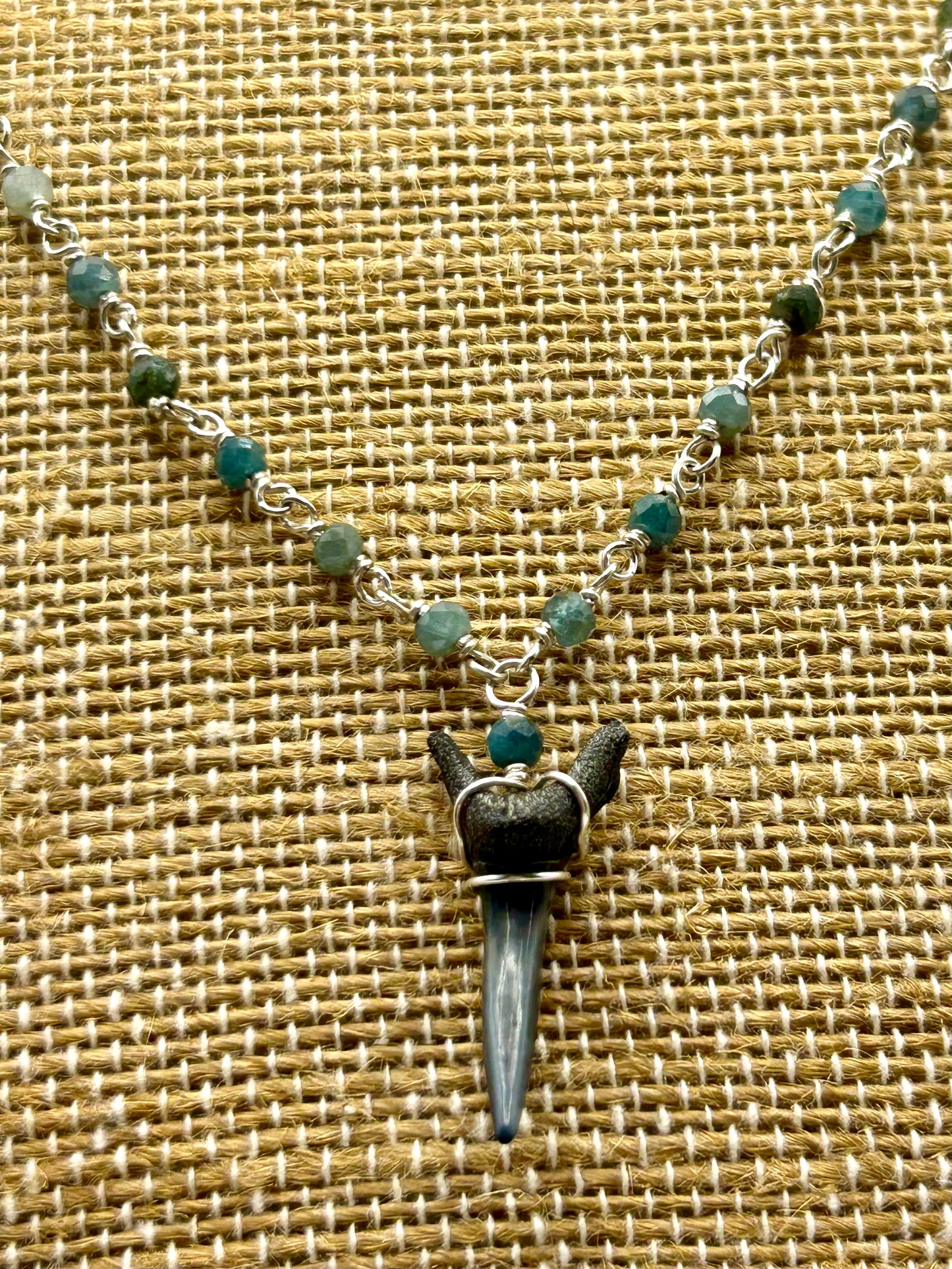 Shark Tooth Fossil with Blue Tourmaline Gemstone Sterling Silver Chain Link Wire Wrapped Necklace
