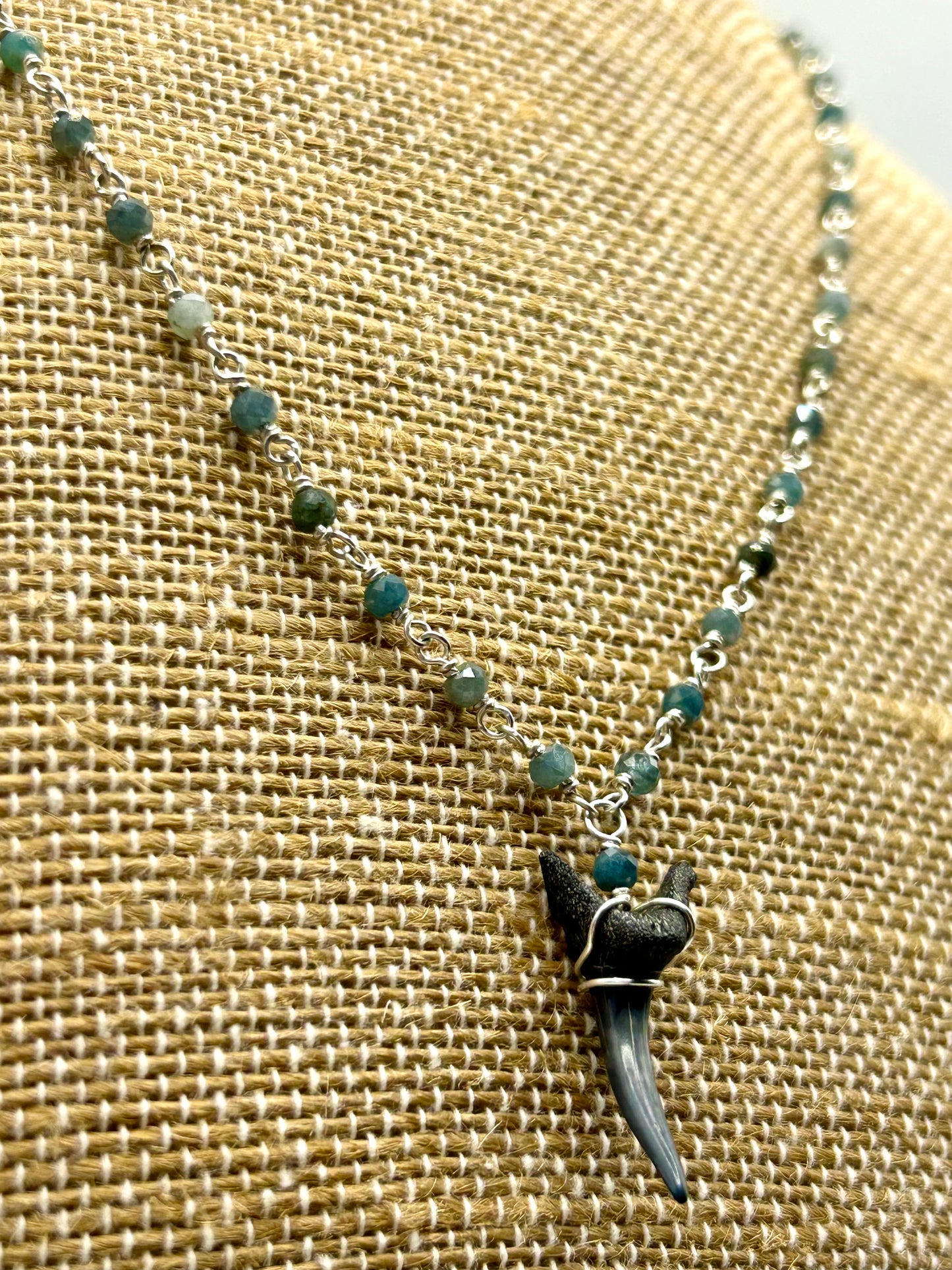 Shark Tooth Fossil with Blue Tourmaline Gemstone Sterling Silver Chain Link Wire Wrapped Necklace