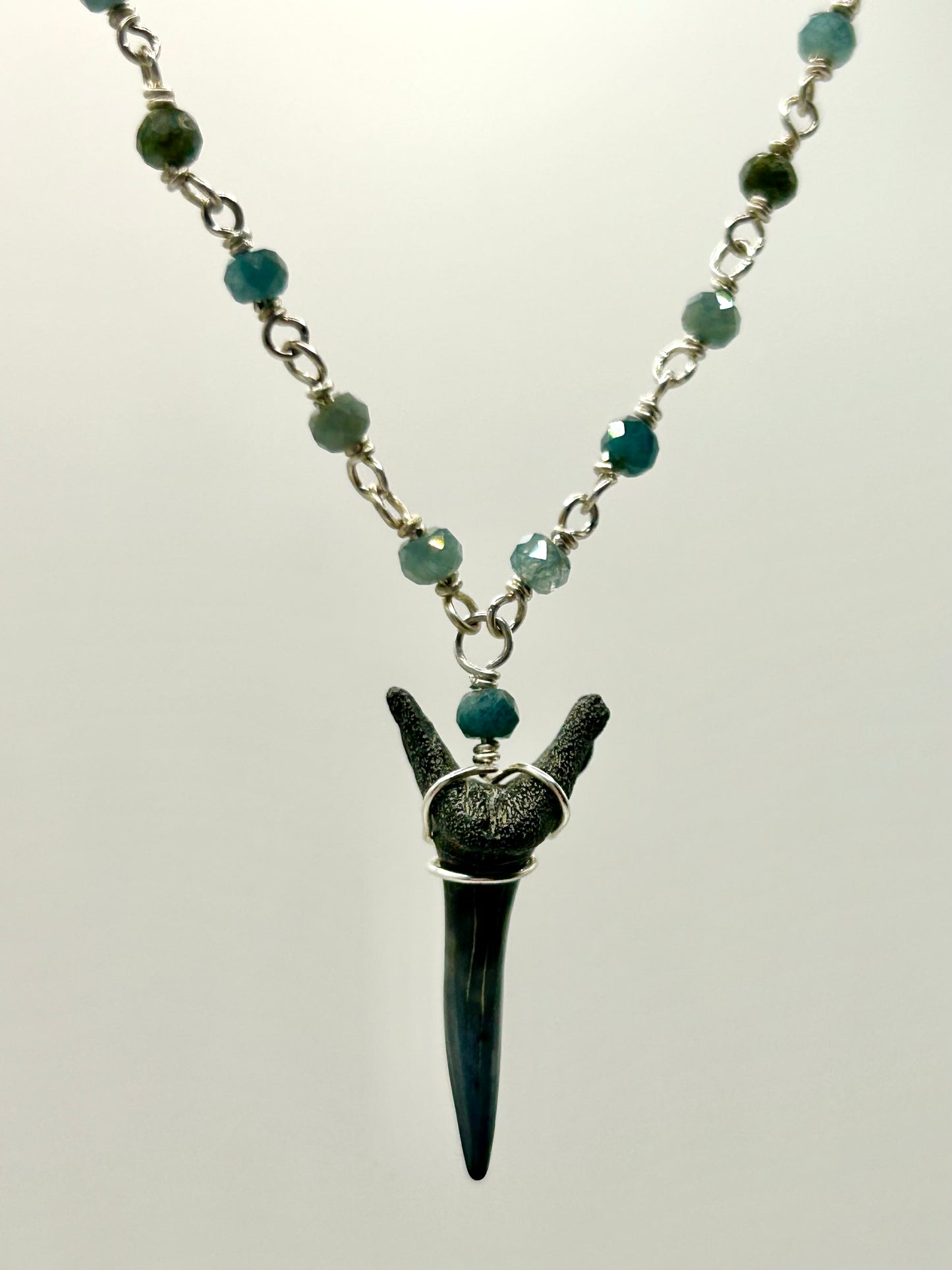 Shark Tooth Fossil with Blue Tourmaline Gemstone Sterling Silver Chain Link Wire Wrapped Necklace