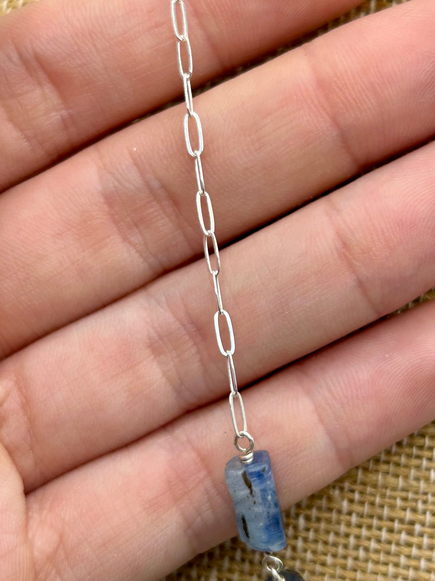 Shark Tooth Fossil with Blue Kyanite Gemstone Sterling Silver Paperclip Chain Necklace