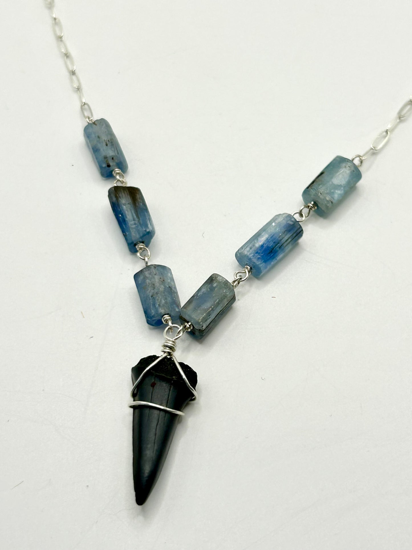 Shark Tooth Fossil with Blue Kyanite Gemstone Sterling Silver Paperclip Chain Necklace